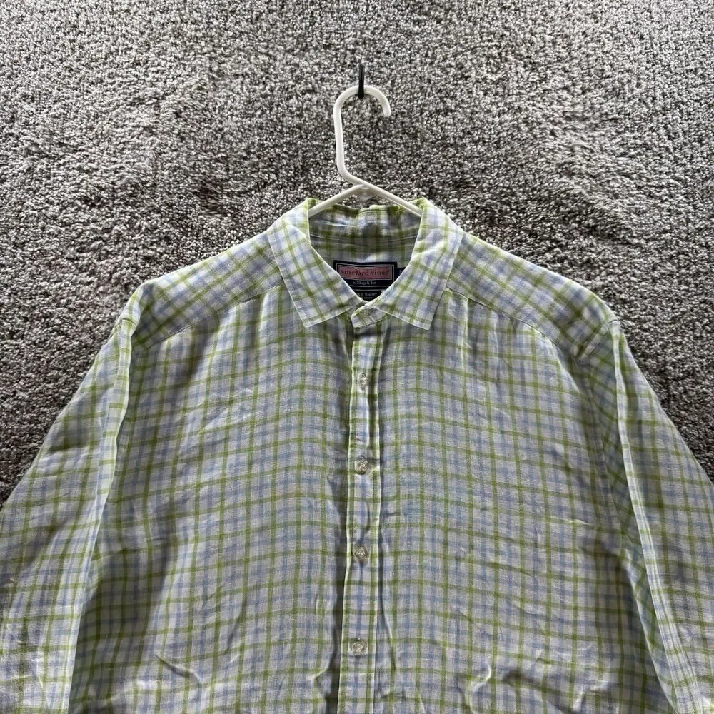 Vineyard Vines Linen Shirt Mens Extra Large Green Blue Plaid‎ Button Up Adult